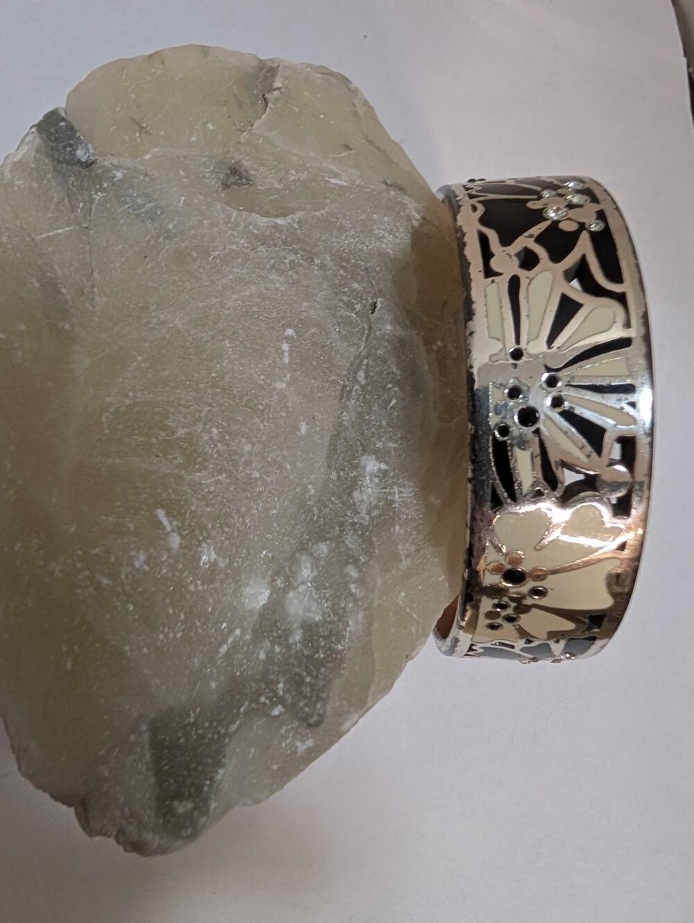 Brighton Silver Tone Black Cream Enamel Floral Rhinestone Bangle Bracelet